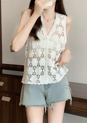 Bohemian White V Neck Knit Tops Sleeveless