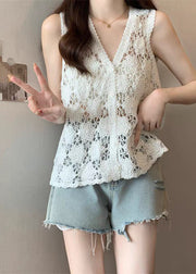 Bohemian White V Neck Knit Tops Sleeveless