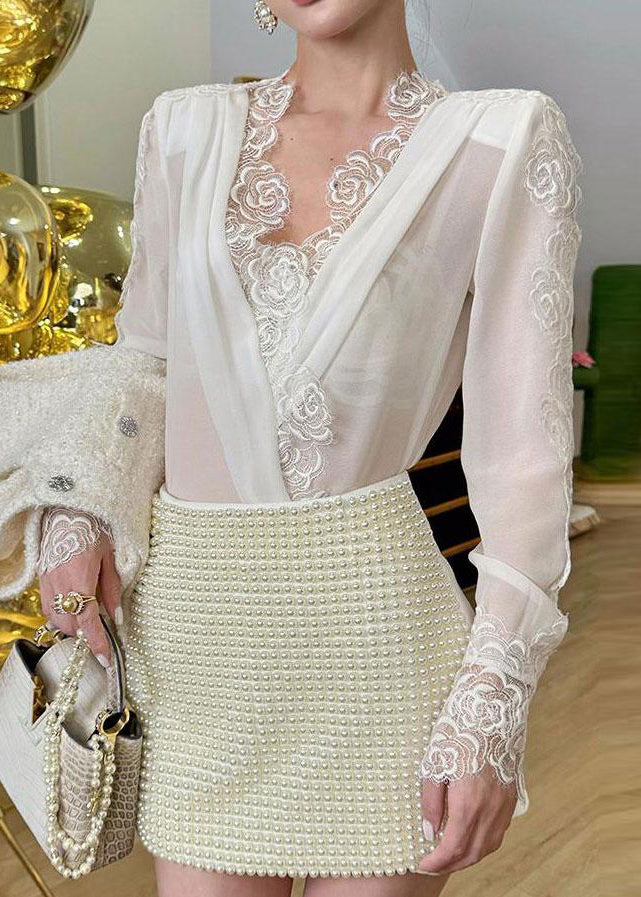 Bohemian White V Neck Lace Patchwork Chiffon Shirt Spring