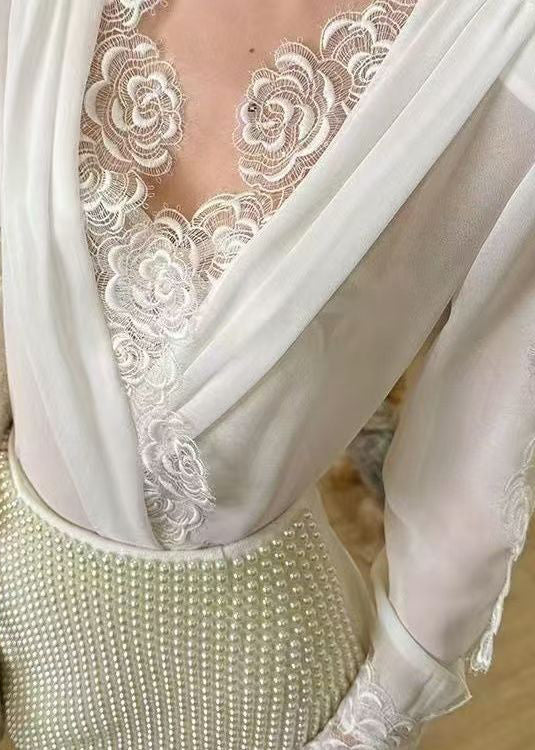 Bohemian White V Neck Lace Patchwork Chiffon Shirt Spring