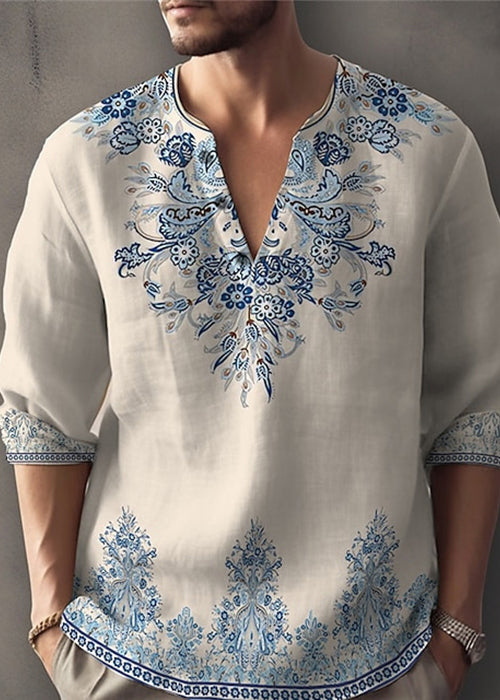 Bohemian White V Neck Print Oversized Cotton Men&