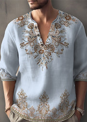 Bohemian White V Neck Print Oversized Cotton Men's T Shirts Half Sleeve