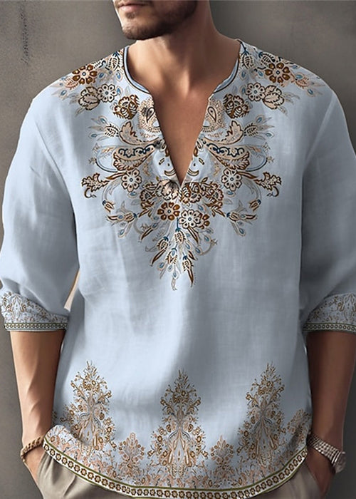 Bohemian White V Neck Print Oversized Cotton Men&