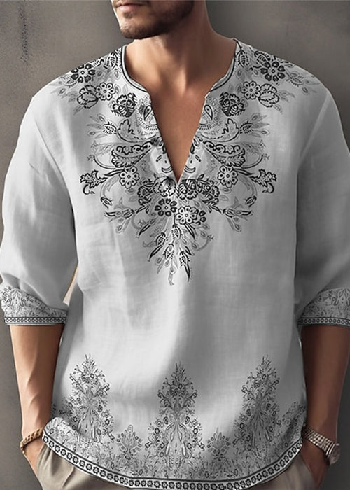 Bohemian White V Neck Print Oversized Cotton Men&