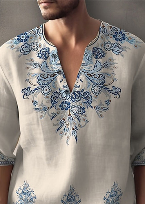 Bohemian White V Neck Print Oversized Cotton Men&