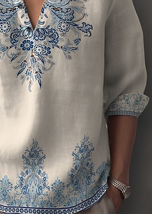 Bohemian White V Neck Print Oversized Cotton Men&