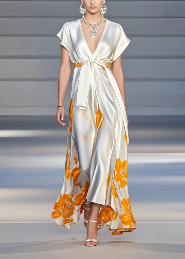 Bohemian White V Neck Print Silk Cinched Dress Summer