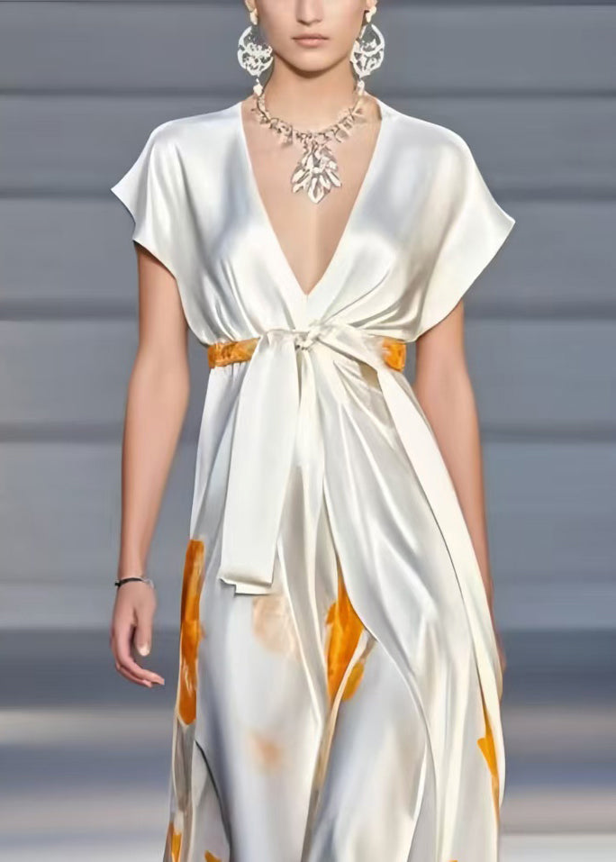 Bohemian White V Neck Print Silk Cinched Dress Summer