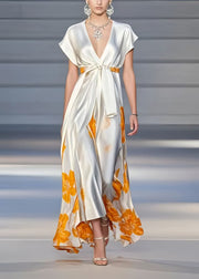 Bohemian White V Neck Print Silk Cinched Dress Summer