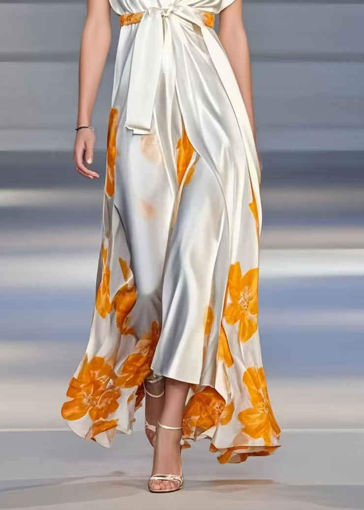 Bohemian White V Neck Print Silk Cinched Dress Summer