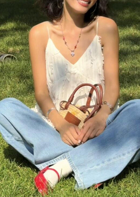 Bohemian White V Neck Ruffled Cotton Spaghetti Strap Tank Sleeveless