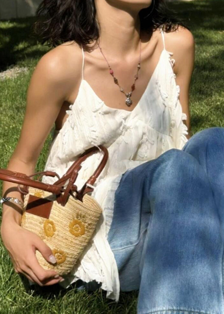 Bohemian White V Neck Ruffled Cotton Spaghetti Strap Tank Sleeveless