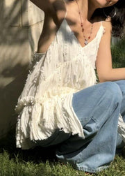 Bohemian White V Neck Ruffled Cotton Spaghetti Strap Tank Sleeveless