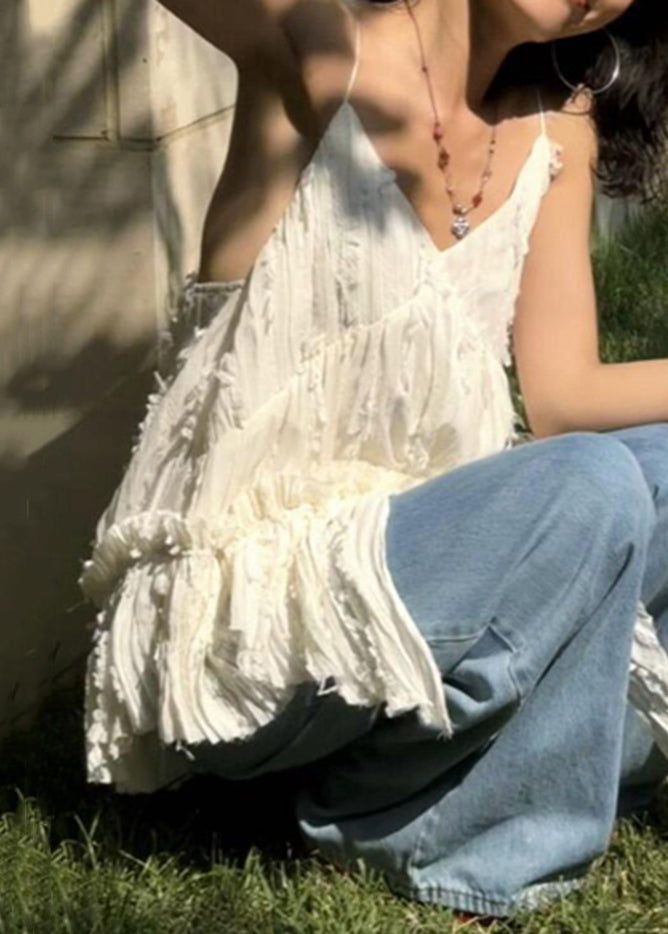 Bohemian White V Neck Ruffled Cotton Spaghetti Strap Tank Sleeveless