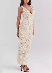 Bohemian White V Neck Side Open Ankle Dress Sleeveless