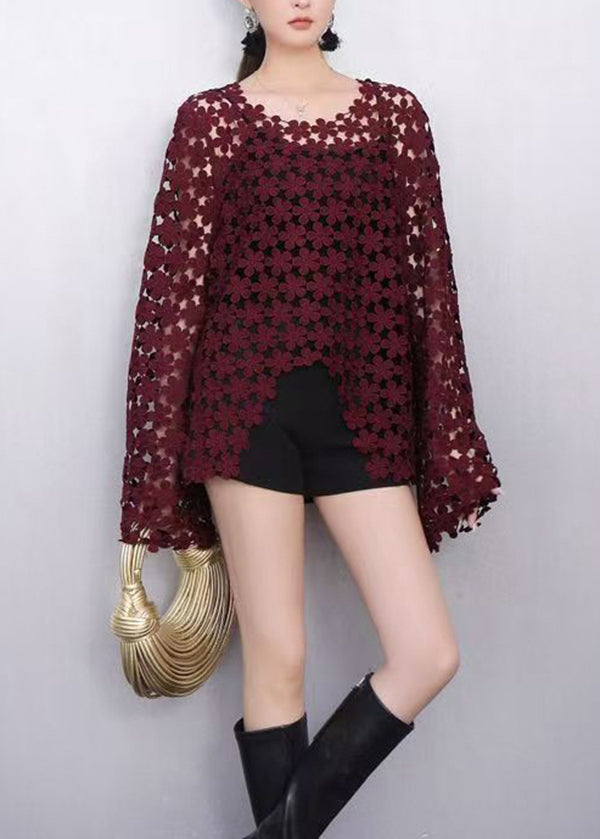 Bohemian Wine Red Floral Lace Top Flare Sleeves