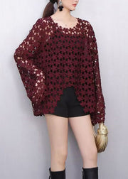 Bohemian Wine Red Floral Lace Top Flare Sleeves