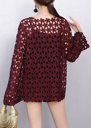 Bohemian Wine Red Floral Lace Top Flare Sleeves