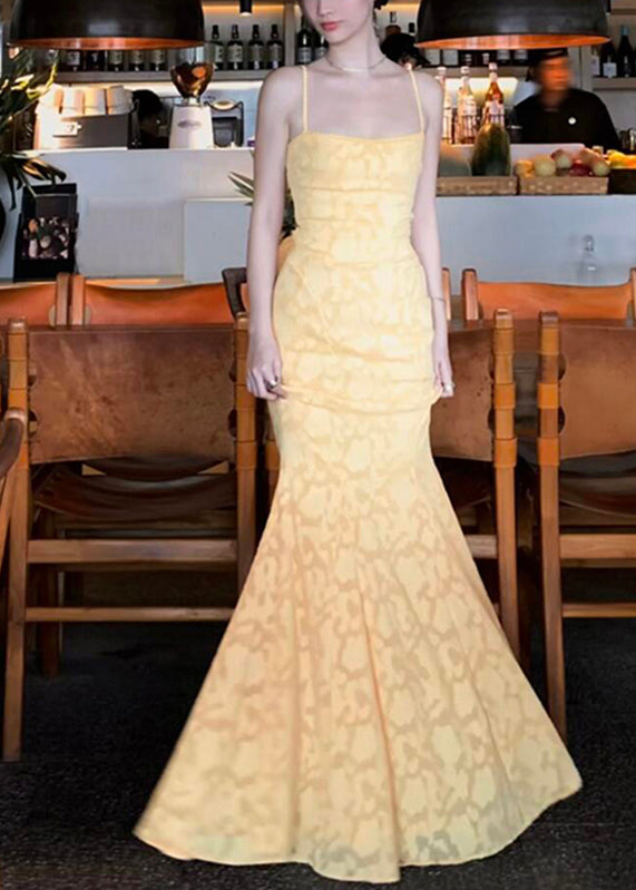 Bohemian Yellow Backless Lace Maxi Spaghetti Strap FishTail Dress Sleeveless