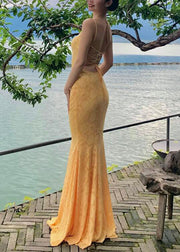 Bohemian Yellow Backless Lace Maxi Spaghetti Strap FishTail Dress Sleeveless
