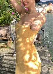Bohemian Yellow Backless Lace Maxi Spaghetti Strap FishTail Dress Sleeveless