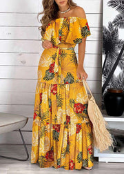 Bohemian Yellow Cold Shoulder Print Wrinkled Maxi Dress Short Sleeve