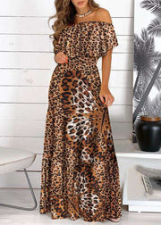 Bohemian Yellow Cold Shoulder Print Wrinkled Maxi Dress Short Sleeve