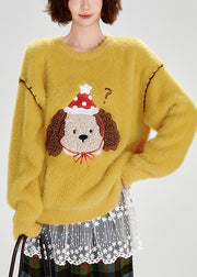 Bohemian Yellow Embroidered Dog Warm Fuzzy Fur Fluffy Knit Pullover Winter
