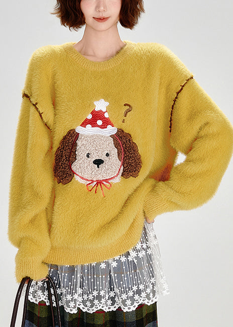 Bohemian Yellow Embroidered Dog Warm Fuzzy Fur Fluffy Knit Pullover Winter