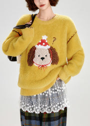 Bohemian Yellow Embroidered Dog Warm Fuzzy Fur Fluffy Knit Pullover Winter