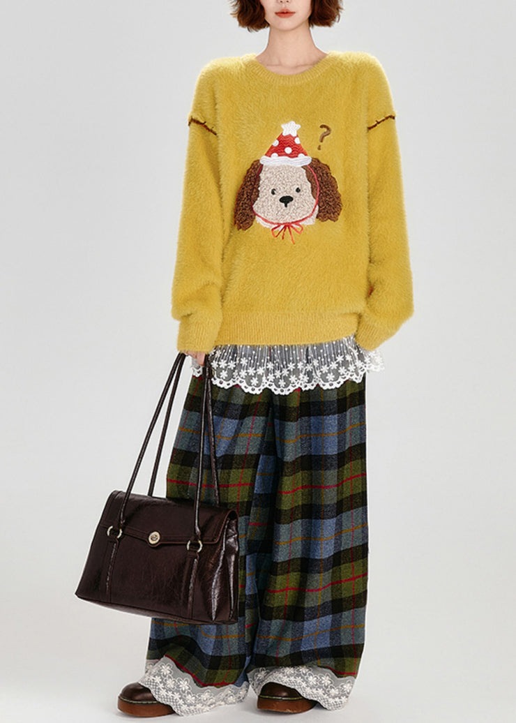 Bohemian Yellow Embroidered Dog Warm Fuzzy Fur Fluffy Knit Pullover Winter