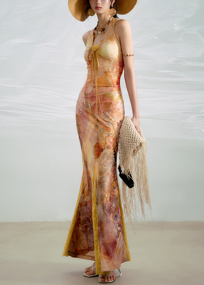 Bohemian Yellow Lace Up Print Lace Ankle Dress Summer