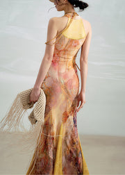 Bohemian Yellow Lace Up Print Lace Ankle Dress Summer