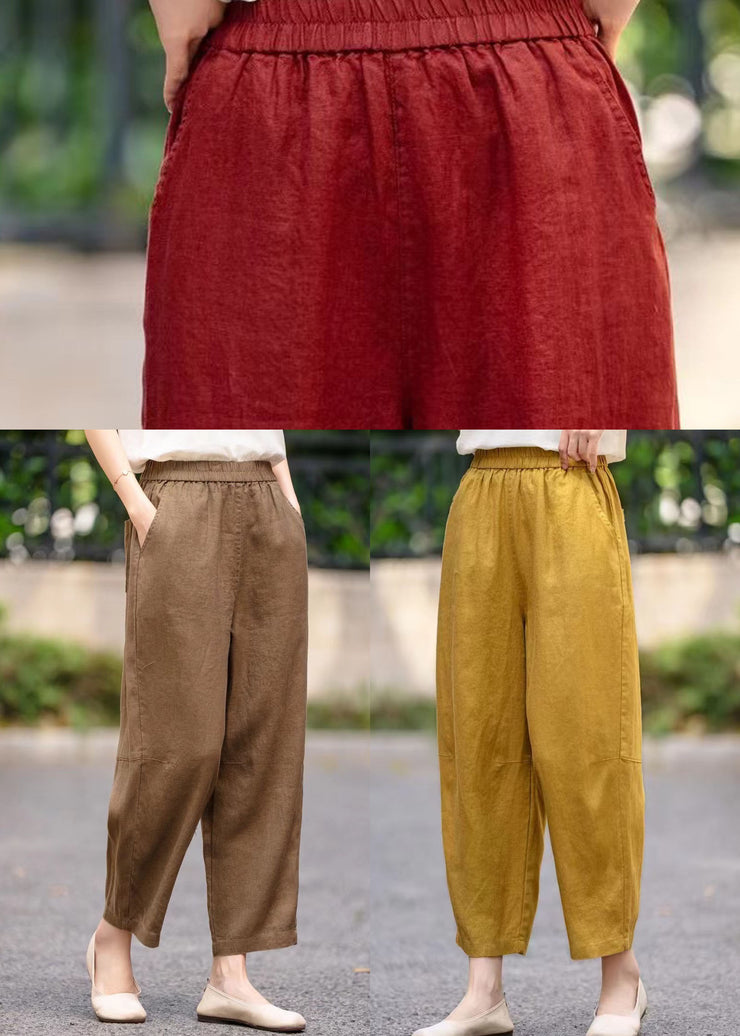 Bohemian Yellow Oversized Pockets Linen Crop Pants Summer
