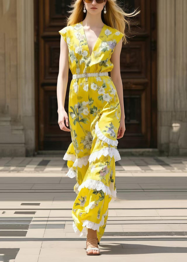 Bohemian Yellow Print Patchwork Ruffled Chiffon Tunic Dress Sleeveless