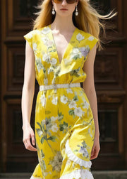 Bohemian Yellow Print Patchwork Ruffled Chiffon Tunic Dress Sleeveless