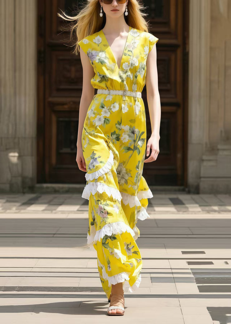 Bohemian Yellow Print Patchwork Ruffled Chiffon Tunic Dress Sleeveless
