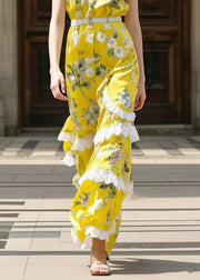 Bohemian Yellow Print Patchwork Ruffled Chiffon Tunic Dress Sleeveless