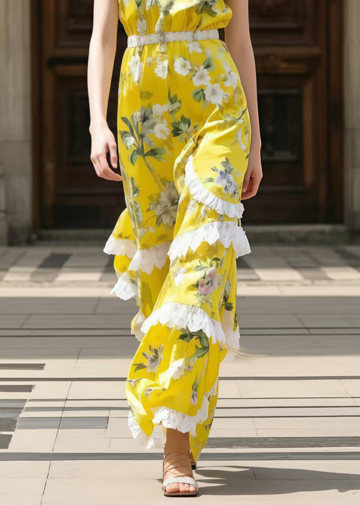 Bohemian Yellow Print Patchwork Ruffled Chiffon Tunic Dress Sleeveless