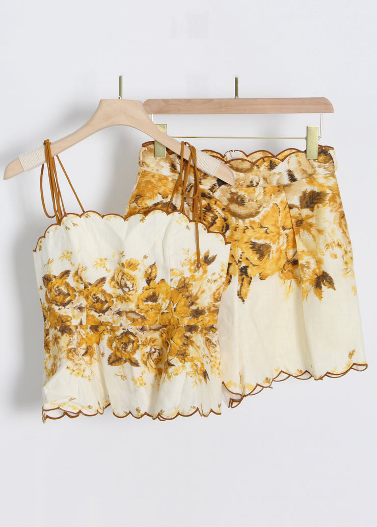 Bohemian Yellow Print Spaghetti Strap Tank And Shorts Cotton Two Pieces Set Sleeveless