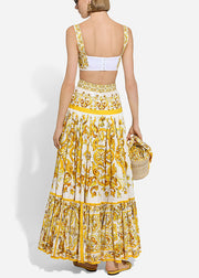 Bohemian Yellow Print Tank And Skirts Cotton Two Pieces Set Sleeveless