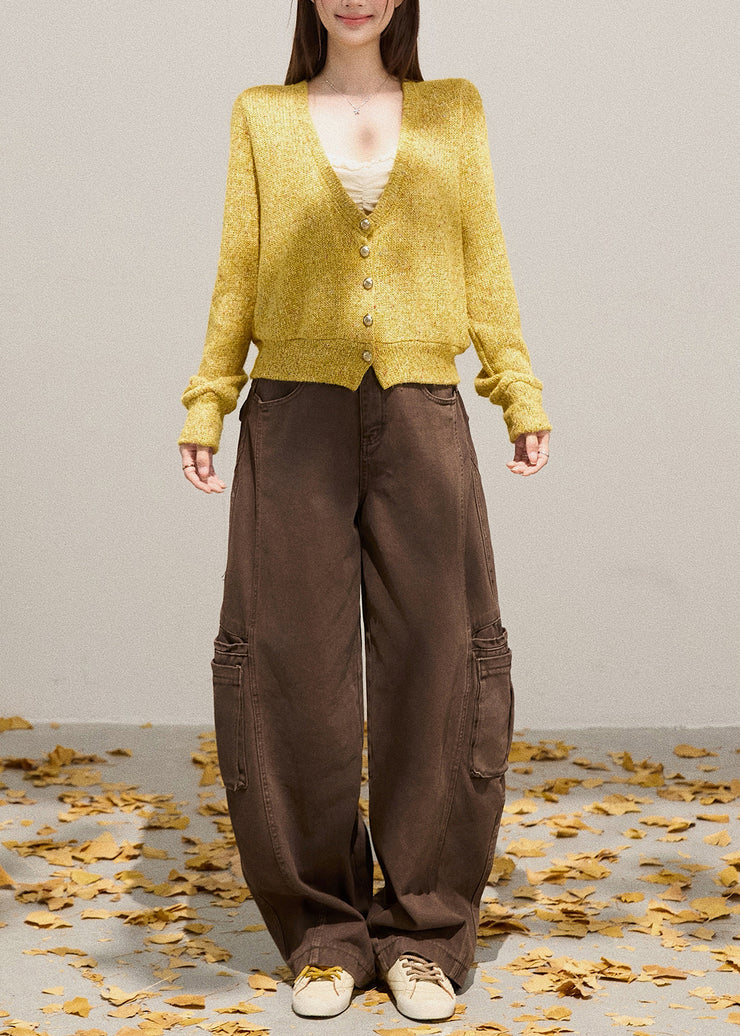 Bohemian Yellow V Neck Button Down Knit Cardigans Fall