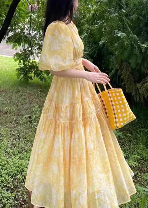 Bohemian Yellow V Neck Print Chiffon Long Dress Summer – SooLinen