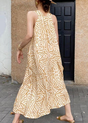 Bohemian Yellow V Neck Print Cotton Vacation Dress Sleeveless