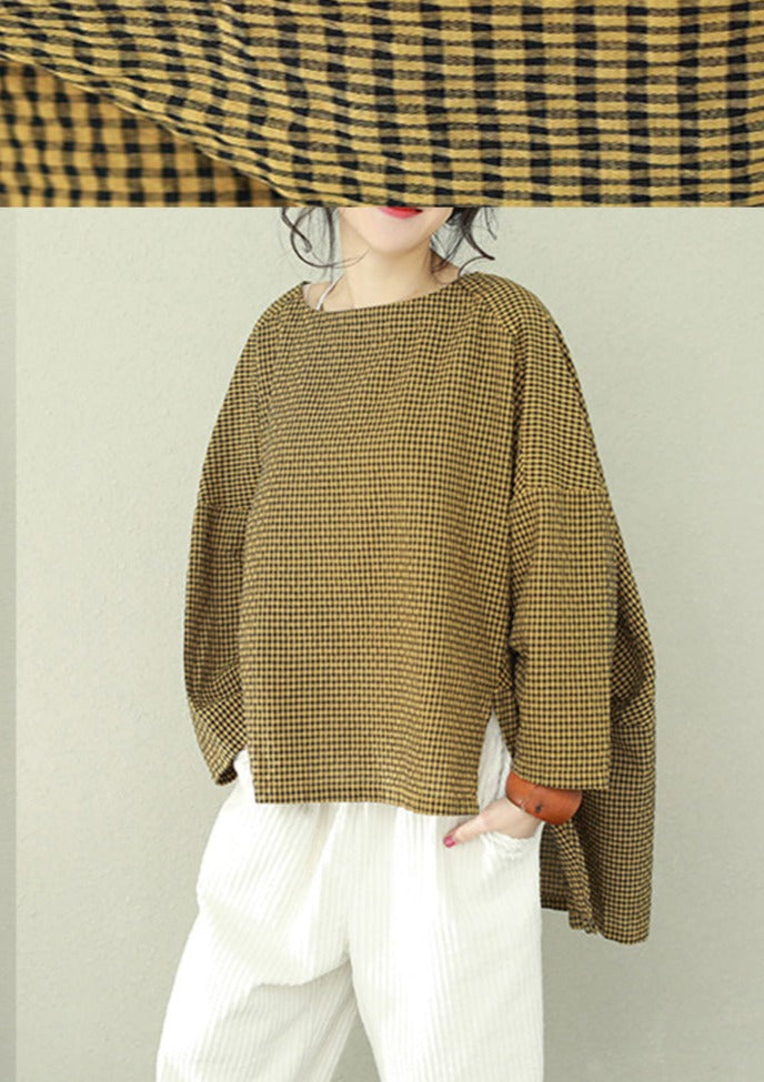 Bohemian asymmetric cotton women Fine Work black Plaid oversized tops