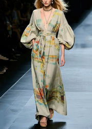 Boho Apricot Cinched Print Cotton Long Dress Lantern Sleeve