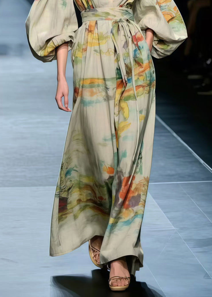 Boho Apricot Cinched Print Cotton Long Dress Lantern Sleeve