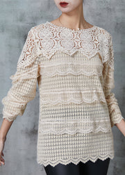 Boho Apricot Hollow Out Patchwork Knit Blouse Tops Spring