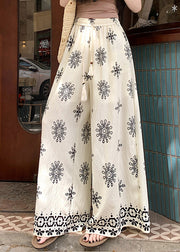 Boho Apricot Print Elastic Waist Cotton Wide Leg Pants Summer