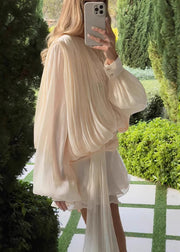 Boho Apricot Puff Sleeve Wrinkled Chiffon Work Dress Summer